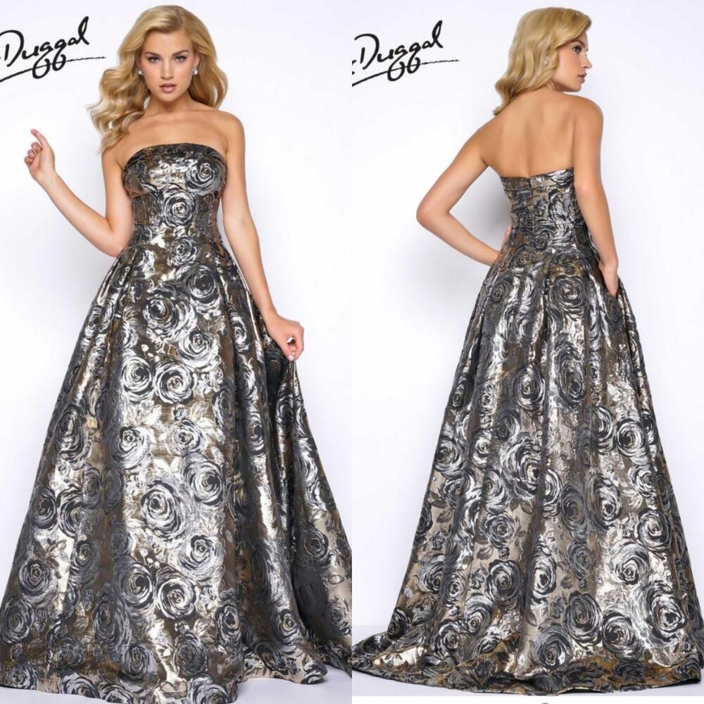 Mac Duggal Women's Size 6 Black & Metallic Strapless Floral Formal Gown 30451D - Picture 1 of 11